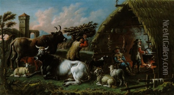 Scena Campestre Nella Campagna Romana, Hirten Und Herde In Der Romischen Campagna Oil Painting - Cajetan Roos