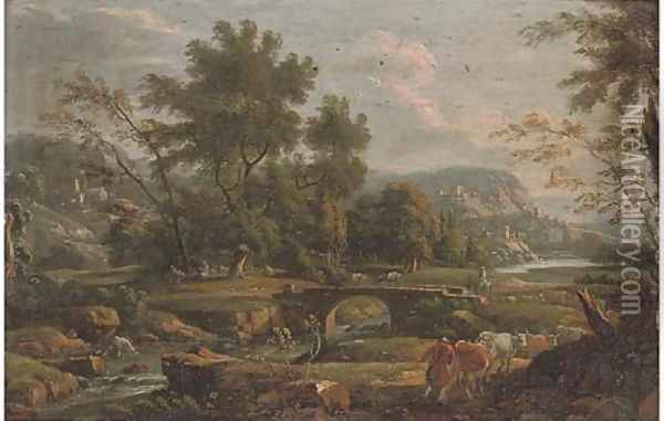 A river landscape with a drover and his cattle, a bridge and town beyond Oil Painting - Flemish School