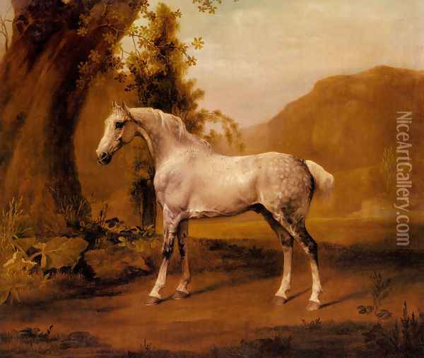 A Grey Stallion In A Landscape Oil Painting - George Stubbs