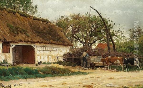 At The Farmhouse Oil Painting - Peder Mork Monsted