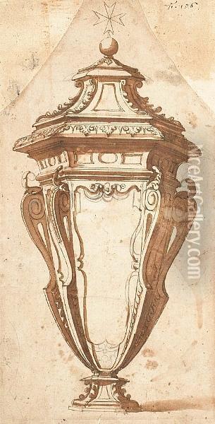 Recto: Design For A Vase Or Urn Surmounted By A Maltese Cross Oil Painting - Bernardo Buontalenti
