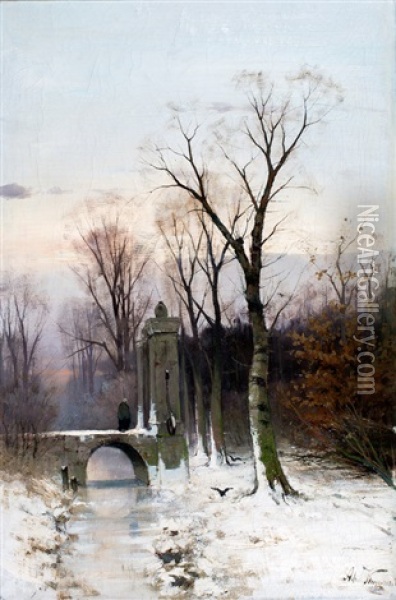 Winters Bruggetje Oil Painting - Adrianus Kuypers