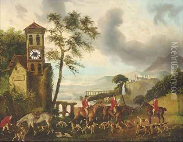 Huntsmen in an Italianate lake landscape, a clock picture Oil Painting - Continental School