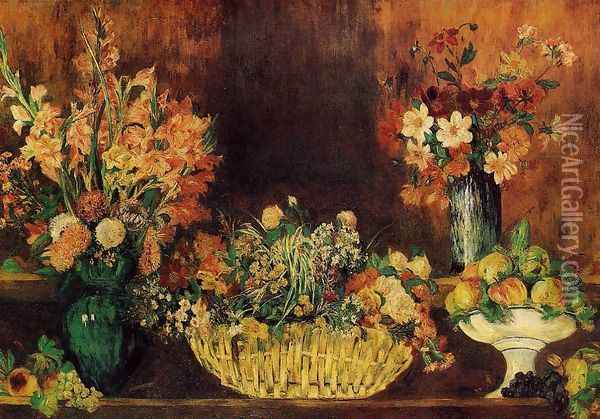 Vase, Basket of Flowers and Fruit Oil Painting - Pierre Auguste Renoir
