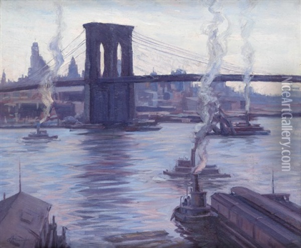 Brooklyn Bridge, New York (from The Brooklyn Docks) Oil Painting - Alphonse Palumbo