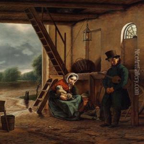 A Wandering Singer Andhis Family Seeking Shelter From The Rain Oil Painting - David Monies