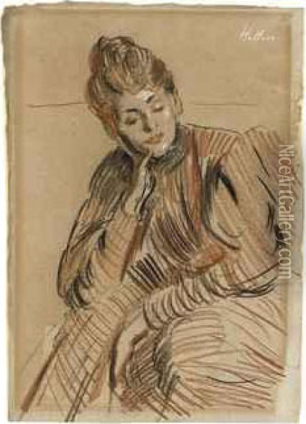 A Seated Woman, Resting On The Arm Of A Chair Oil Painting - Paul Cesar Helleu