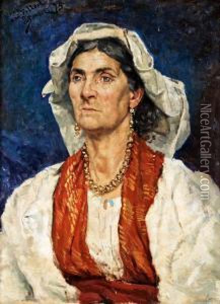 Woman With Red Scarf And White Headdress Oil Painting - J. Stewart