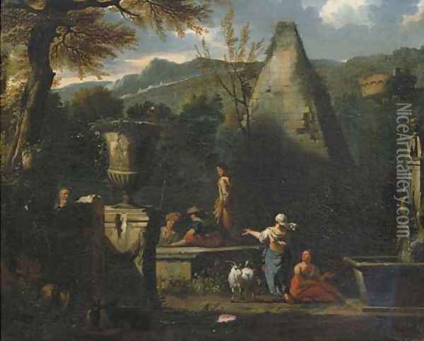 A capriccio landscape with figures resting and conversing near the pyramid of Caius Cestius Oil Painting - Jan van Huchtenburg