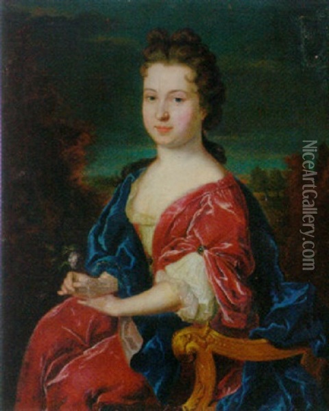 Portrait Of A Lady Wearing A Crimson Dress With A White Lace Bodice And Blue Wrap Oil Painting - Theodorus Netscher