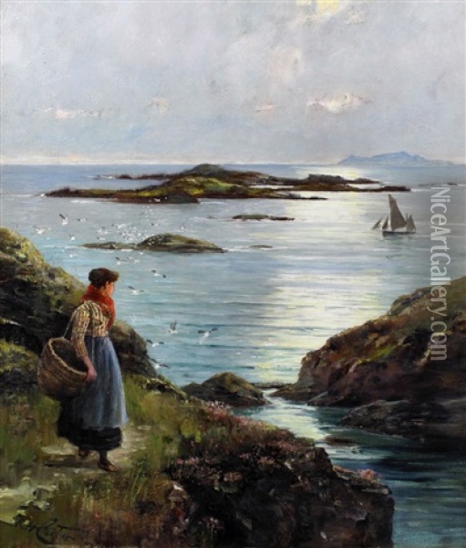 Seascape With Figure To Foreground Oil Painting - Richard Harry Carter