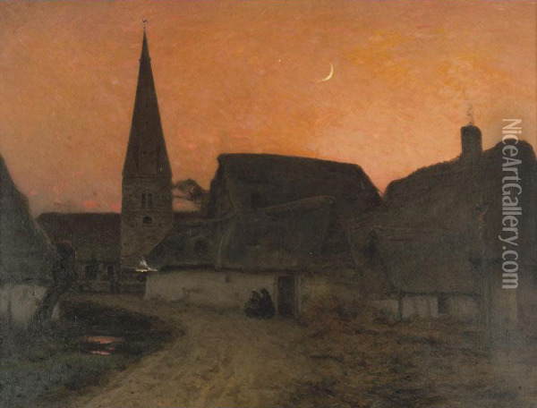 Village At Dusk Oil Painting - Emile Breton