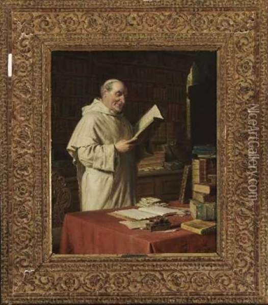 Lesender Pramonstratensermonch In Der Klosterbibliothek Oil Painting - Eduard von Gruetzner
