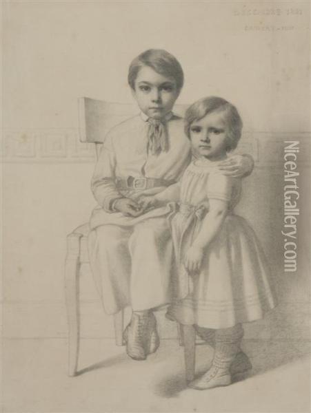 Two Children Oil Painting - Eugene-Jean Damery