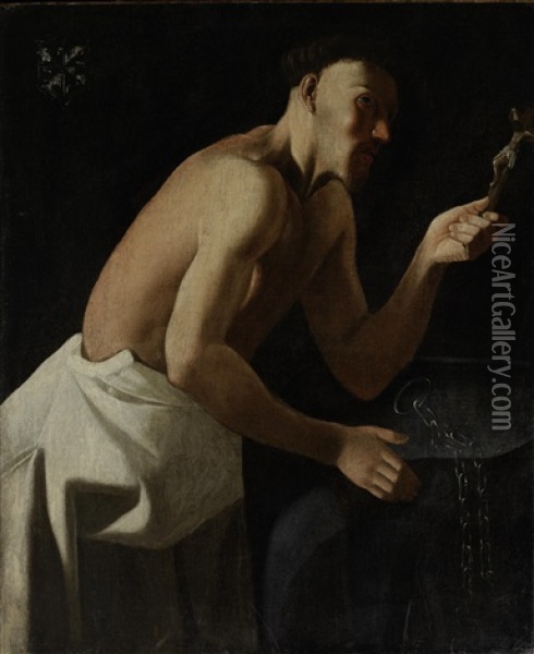 A Hermit Contemplating The Crucifix Oil Painting - Georges de La Tour