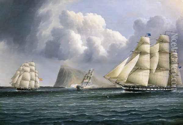 American Frigate off Gibralter Flying a Commodore's Pennant Oil Painting - James E. Buttersworth