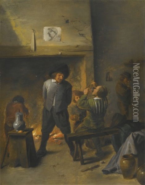 Tavern Scene With Smokers And Drinkers By An Open Fire Oil Painting - Adriaen Brouwer