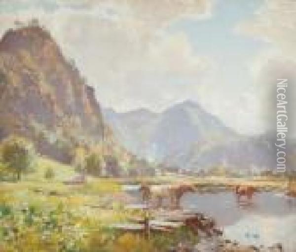 Mountainous Landscape, With Cattle Watering And A Cannon Oil Painting - David Murray