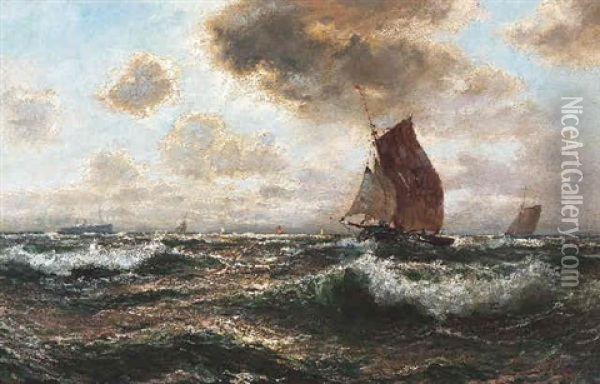 Marine. Segelboote Und Ein Dampfer Im Sonnenlicht Oil Painting - Georg Sommer