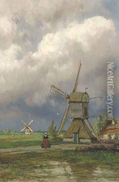 Windmills in a Dutch polder landscape Oil Painting - Johannes Hermanus Koekkoek