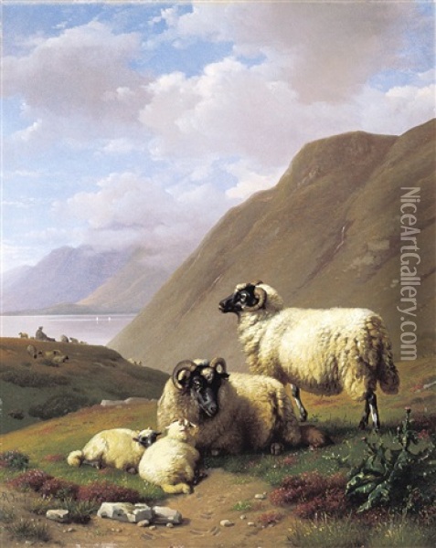 Bergmeer Met Schaapherder En Kudde Oil Painting - Daniel-Adolphe-Robert Jones