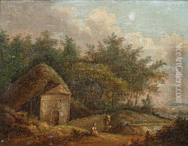 Figures By A Cottage In A Wooded Landscape;and Companion Oil Painting - John Inigo Richards