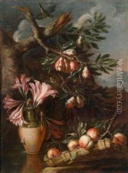 Grosesblumen- Und Fruchtestillleben Vor Einer Sudlandischenberglandschaft Oil Painting - Felice Boselli Piacenza