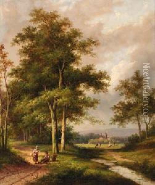 A Wooded River Landscape With Travellers; And Travellers Resting Bya Stream Oil Painting - Jan Evert Morel