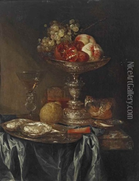 Grapes, Pomegranates And Peaches In A Silver Tazza, Oysters On A Pewter Plate, A Facon-de-venice Glass With White Wine, A Glass Of Beer, A Lemon And A Bread Roll, On A Partially Draped Marble Table Oil Painting - Abraham van Beyeren