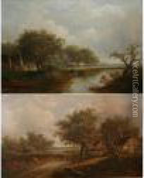 Figures On A Track Beside A Cottage And Figures On A Boat On A River Beside A Cottage Oil Painting - Joseph Thors