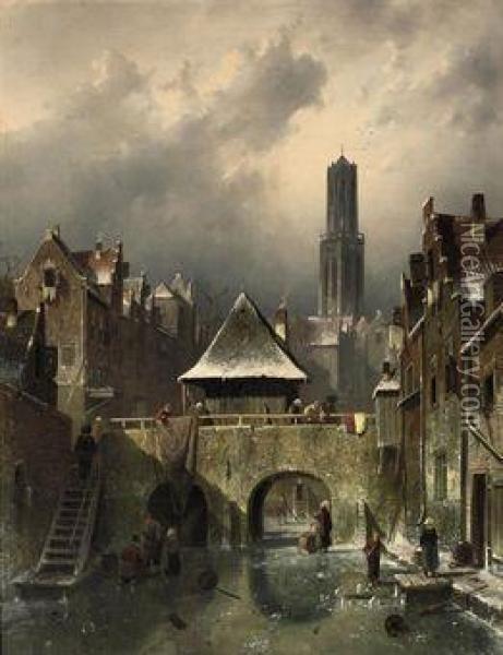 A Capriccio View Of The Dom Tower, Utrecht Oil Painting - Charles Henri Leickert