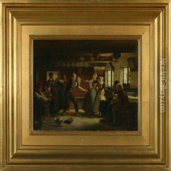 Interior With Young People Having Fun Oil Painting - Julius Exner