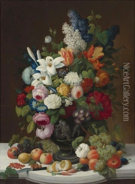 Still Life With Flowers And Fruit Oil Painting - Severin Roesen