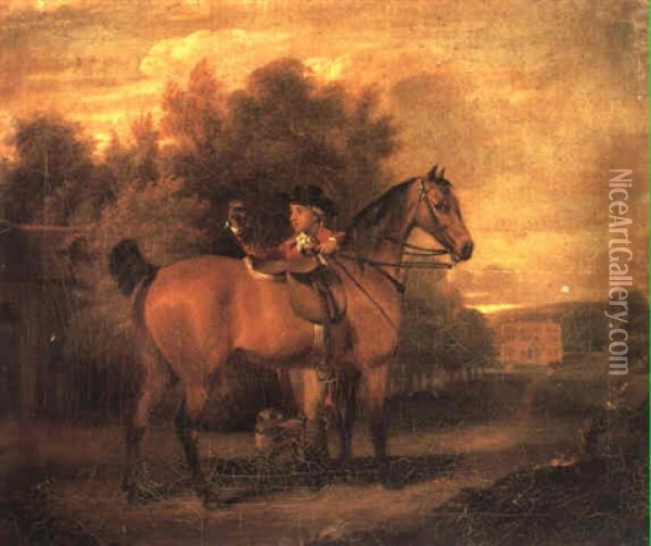 Portrait Of A Gentleman With His Bay Hunter In The Grounds  Of A Country House Oil Painting - Thomas Gooch