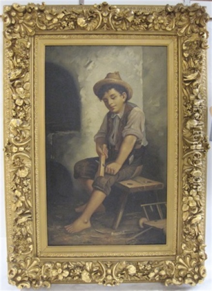Young Boy Seated, Whittling Wood Oil Painting - Francois Xavier Bricard