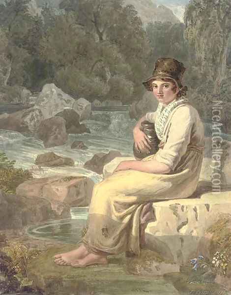 A Welsh peasant girl, Dolgelly, Merionethshire Oil Painting - Joshua Cristall
