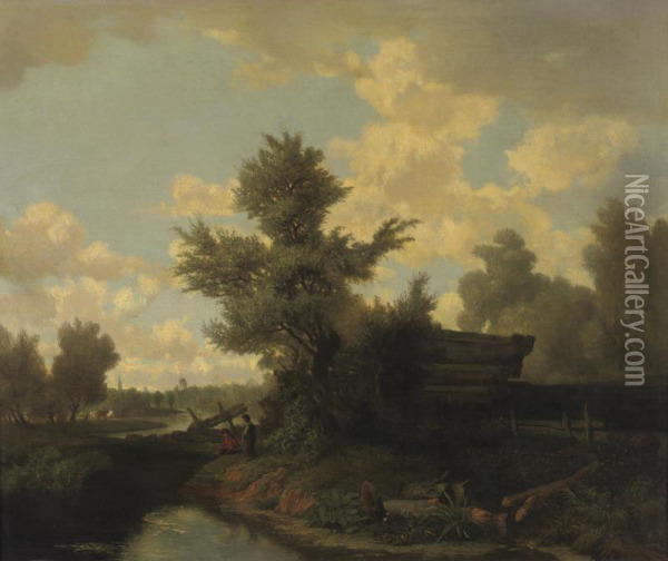 Children Playing By A Stream Oil Painting - Robert Ladbrooke