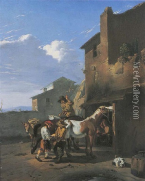 Horsemen Before A Farriers Oil Painting - Karel Dujardin