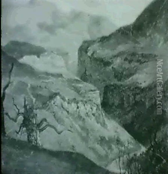 Vallee De Montagne Vue D'en Haut, Troncs D'arbres Oil Painting - Alexandre Calame