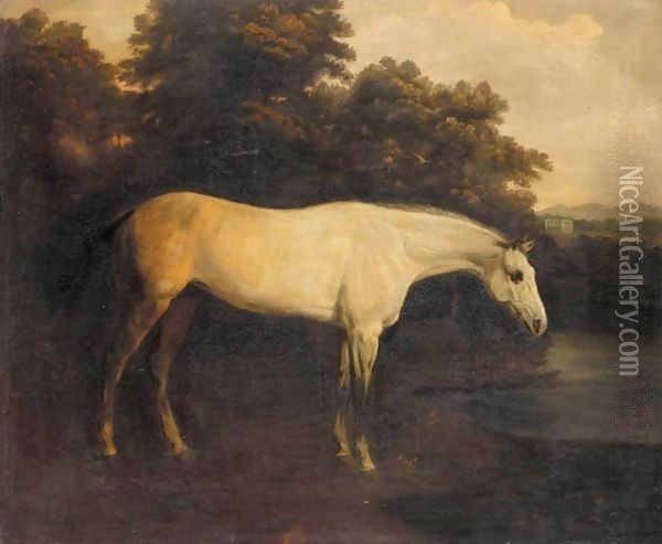 A Grey Hunter In A River Landscape Oil Painting - Henry Bernard Chalon
