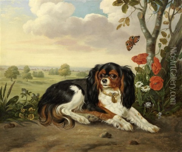 A Tricolour King Charles Spaniel In A Classical Landscape Oil Painting - Abraham Bruiningh van Worrell