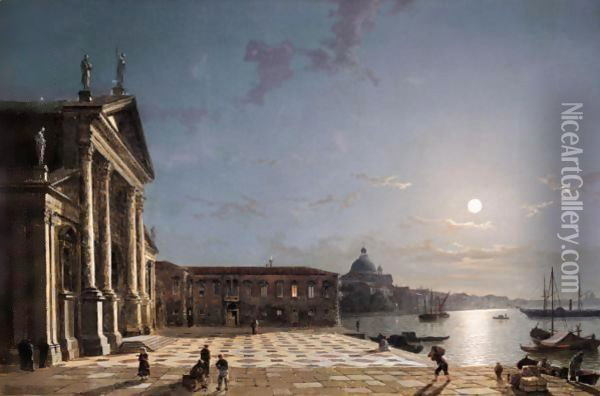 Unloading Cargo From The Grand Canal, Venice, By Moonlight Oil Painting - Henry Pether