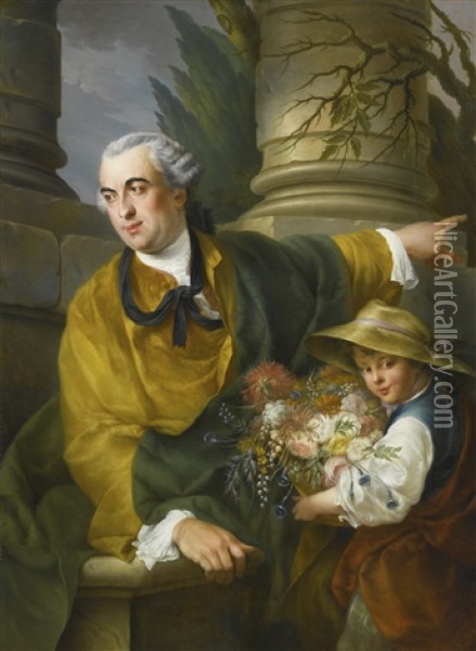 Portrait Of Charles Claude De Flahault De La Billarderie, Comte D'angiviller, Three-quarter Length, With A Child Holding A Basket Of Flowers Oil Painting - Louis Gabriel Blanchet