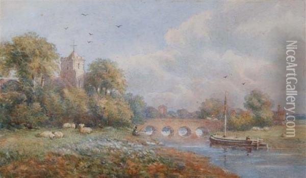 River Landscape With Figure Fishing By A Bridge Overlooked By Church Spire And Sheep Grazing On The Banks Oil Painting - Samuel Standige Boden