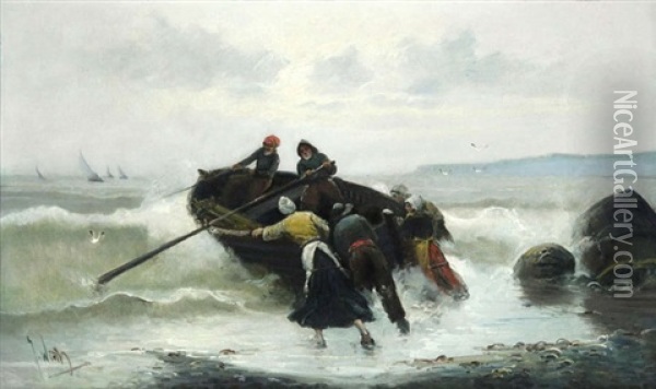 Marine Avec Chaloupe Oil Painting - Eliseo Meifren y Roig