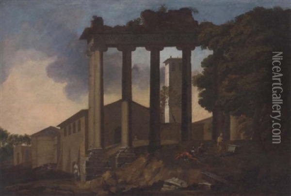 The Temple Of Concord, Rome, With Classical Figures In The Foreground Oil Painting - Gaspard Dughet