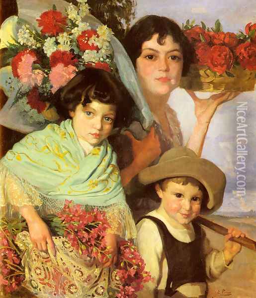 Flower Gatherers Oil Painting - Edouard Ferrer-Comas