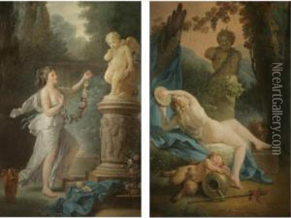 A Bacchante Playing The 
Tambourine Before A Statue Of Pan, A Drunk Young Satyr Asleep In The 
Foreground; A Young Lady Offering A Garland Of Flowers To A Statue Of 
Cupid Oil Painting - Antoine-Francois Callet