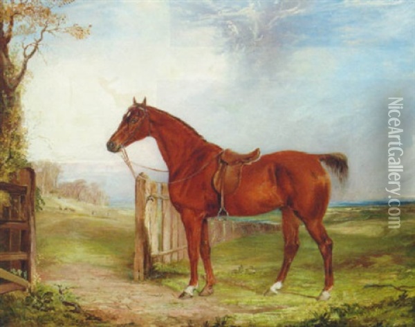 A Saddled Chestnut Hunter In An Extensive Landscape With A Hunt Beyond Oil Painting - Thomas Walker Bretland