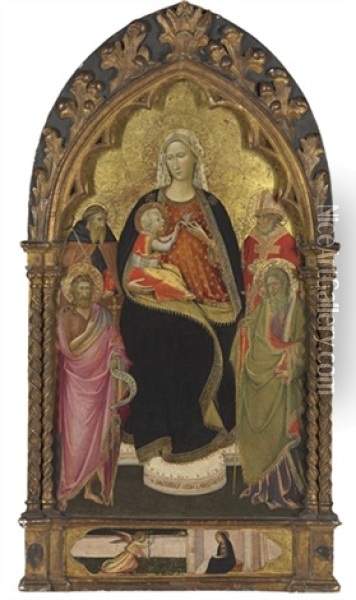 The Madonna And Child With Saints John The Baptist, Andrew, Anthony Abbot, And Nicholas Of Bari; The Annunciation In The Predella Oil Painting - Giovanni dal Ponte